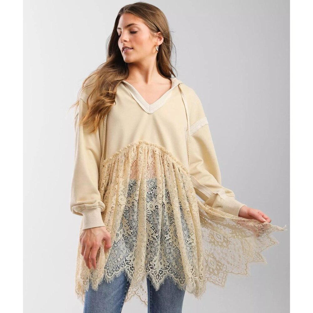 GIMMICKS French Terry Pullover Hoodie Cream sz L Women's - Picture 3 of 10